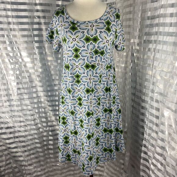 LuLaRoe Carly Green/Blue/White Graphic Print Dress - Picture 1 of 6